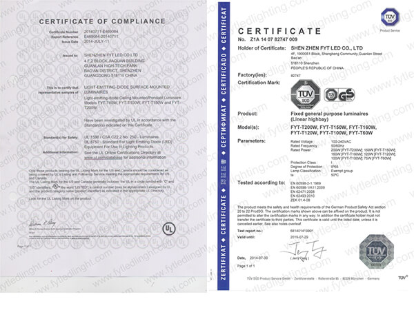 FYTLED Highbay tube gets UL and TUV certificates!